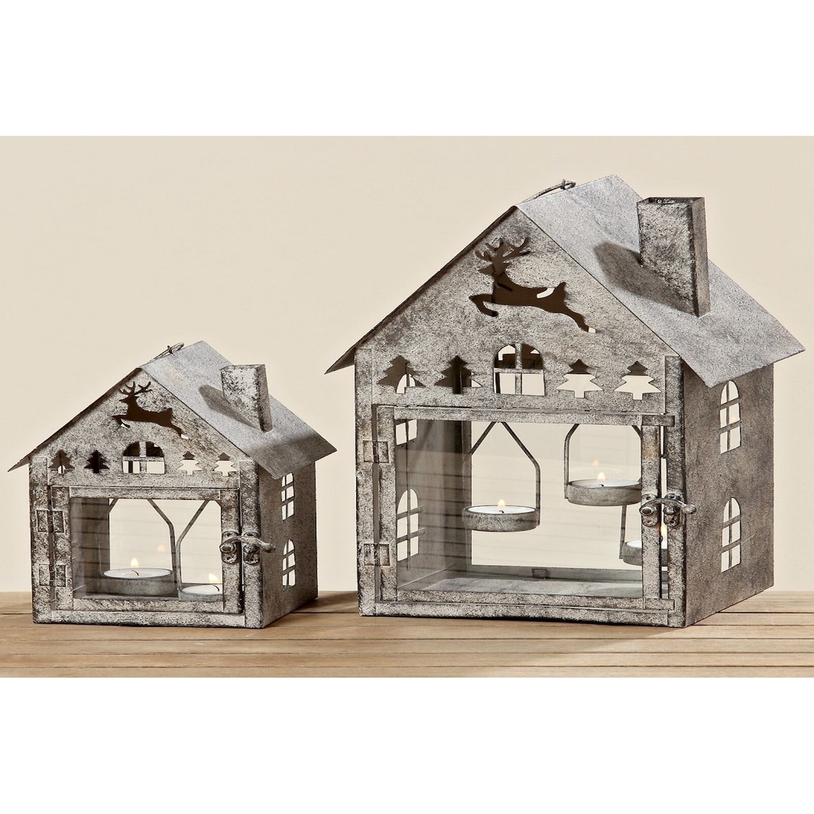Kerzenlaterne Udine Haus Eisen H23/36 cm grau 2er Set