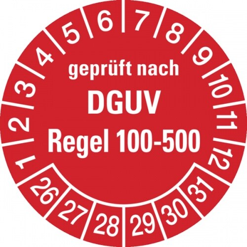 Prüfplakette ab 26, DGUV Regel 100-500, rot/weiß, Folie, Ø 30 mm - Bogen = 10 Plaketten - 30 mm Folie selbstklebend