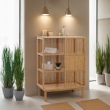 thumbnail of Scaffale a terra in bambù HWC-N81, mobile da bagno Mobile da bagno Scaffale da bagno Cassettiera, 3 ripiani Anta scorrevole FSC® 115x80x45cm