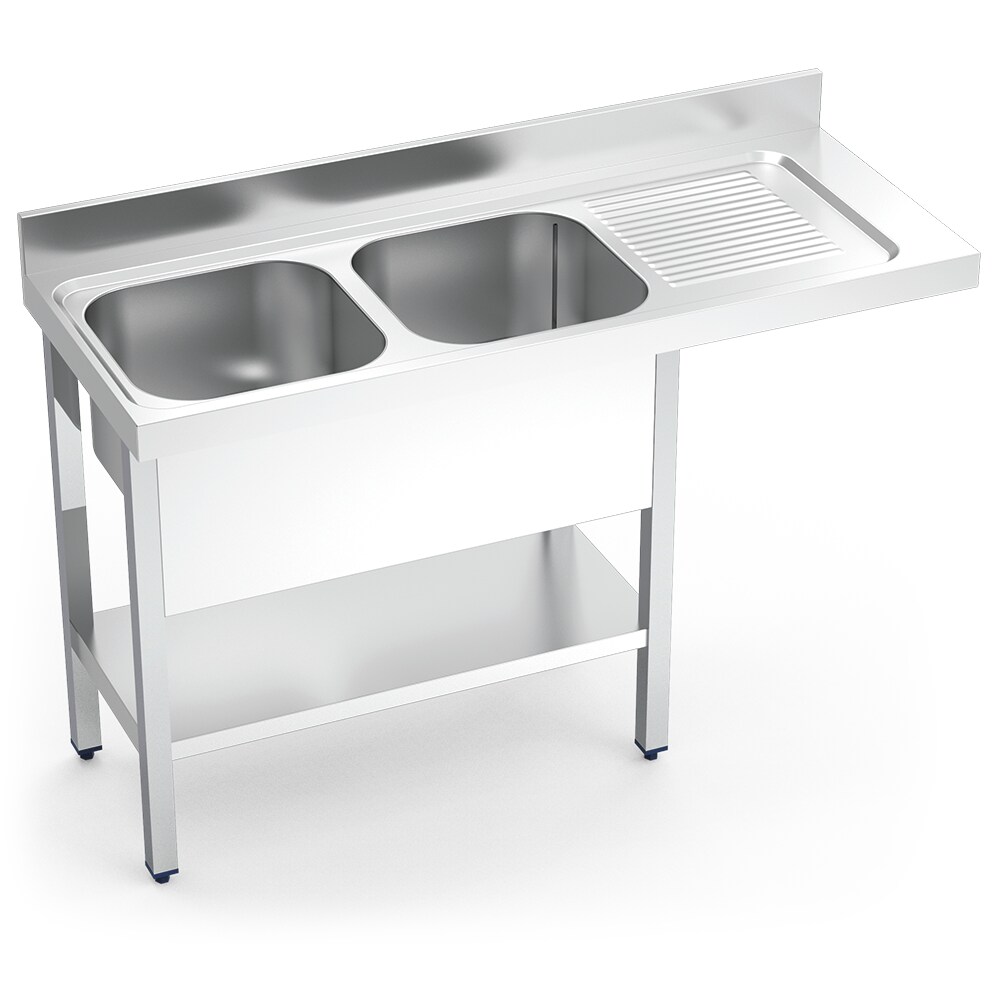 Lava-loiça em aço inox para máquina de lavar loiça com 2 cubas e escorredor direito