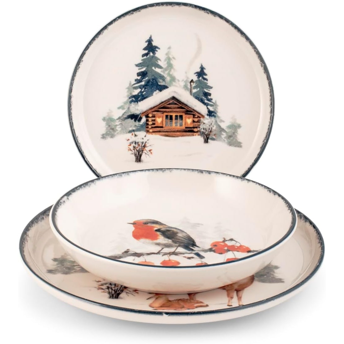 H&H, Servizio tavola 18 pezzi Frosty, set tavola natalizio, decoro pettirosso, in stoneware,