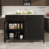 thumbnail of Stehtisch Küchenarbeitsplatte Schwarz 100x90x90 cm mit Marmoroptik Tischplatte, 2 Schubladen, verstellbare Fächer, Eisenbeine
