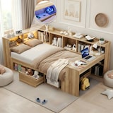 thumbnail of Merax Einzelbett 90x200cm, Stauraumbett mit LED, USB & Schreibtisch, Regalen & Schubladen, Holz, Naturfarbe