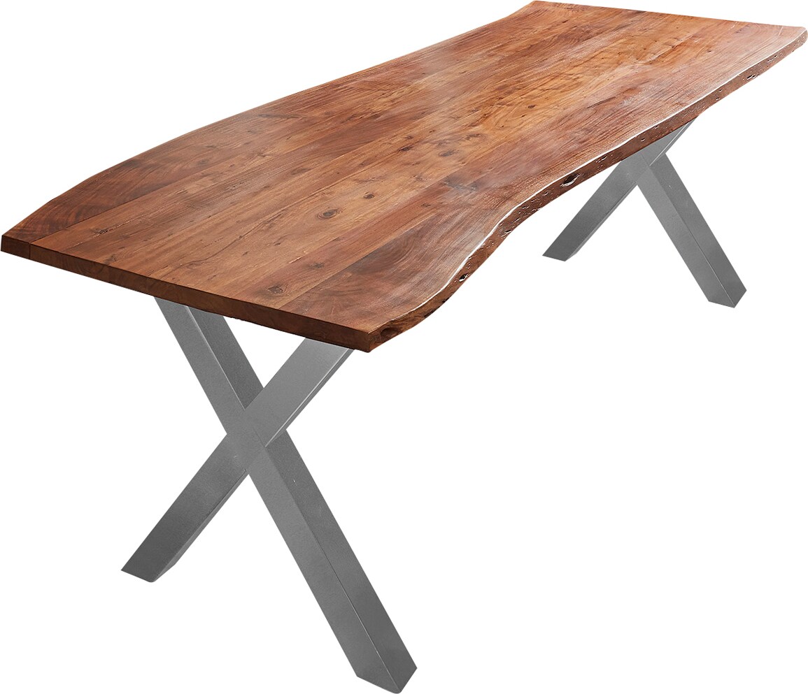Esstisch Baumkante massiv Akazie nuss 220 x 100 X-Gestell silber XANTEN