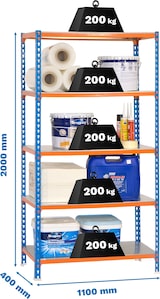 thumbnail of SimonRack Estantería Metálica, 2000x1100x400 mm, 5 Alturas, Bandeja Metal, 200 kg de Punto Flexión, Azul/Naranja/Galva - Simonclick