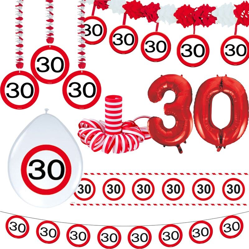30. Geburtstag Verkehrsschild Geburtstagsdeko Partyset Party Deko Set rot weiss Dekoration Zahl Frau Mann