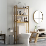 thumbnail of Estantería sobre inodoro de bambú estantería de baño con 3 estantes y alfombrillas antideslizantes antivuelco estilo moderno 68x20x165 cm