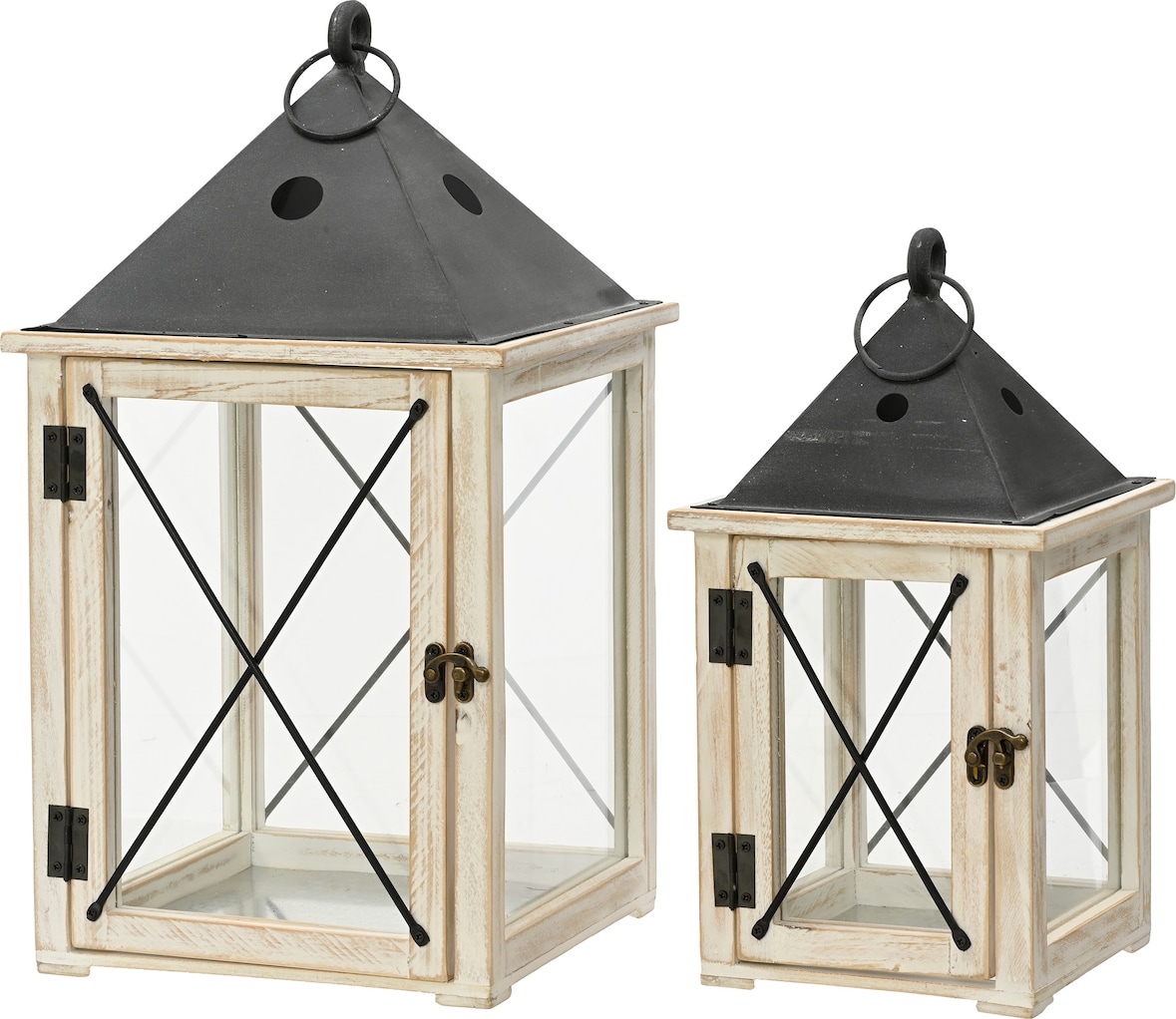 Laternen Holz FSC 100% Metall 24x46cm / 18x34,5cm mit Henkel 2er Set Windlicht Laterne Aufhängen Hinstellen Innen Außen Deko Holzlaterne Kerzenhalter