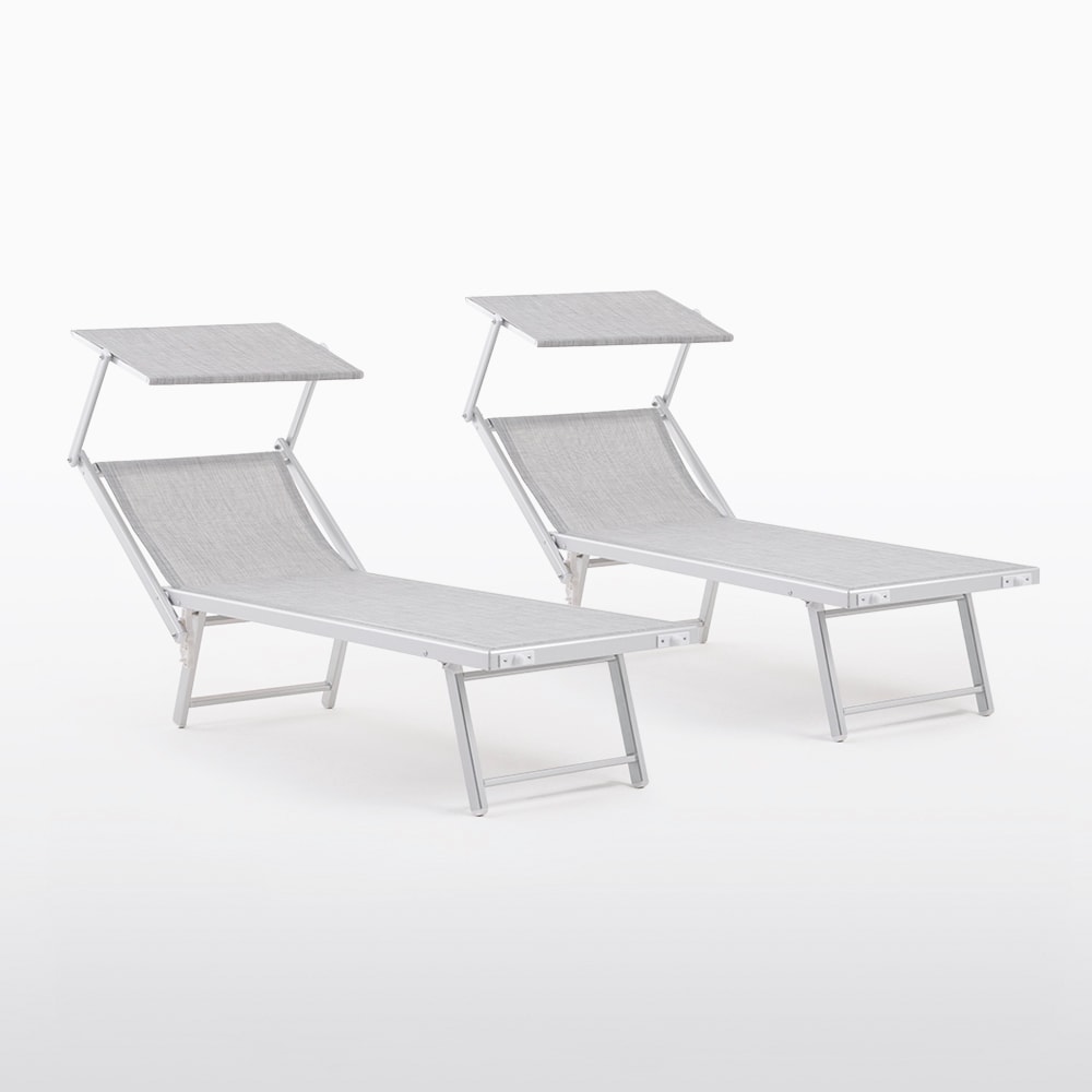 2 ligbedden met zonnescherm, verstelbare rugleuning, van aluminium en textilene, modern design, duurzaam, ergonomisch, lichtgewicht, opvouwbaar Marina