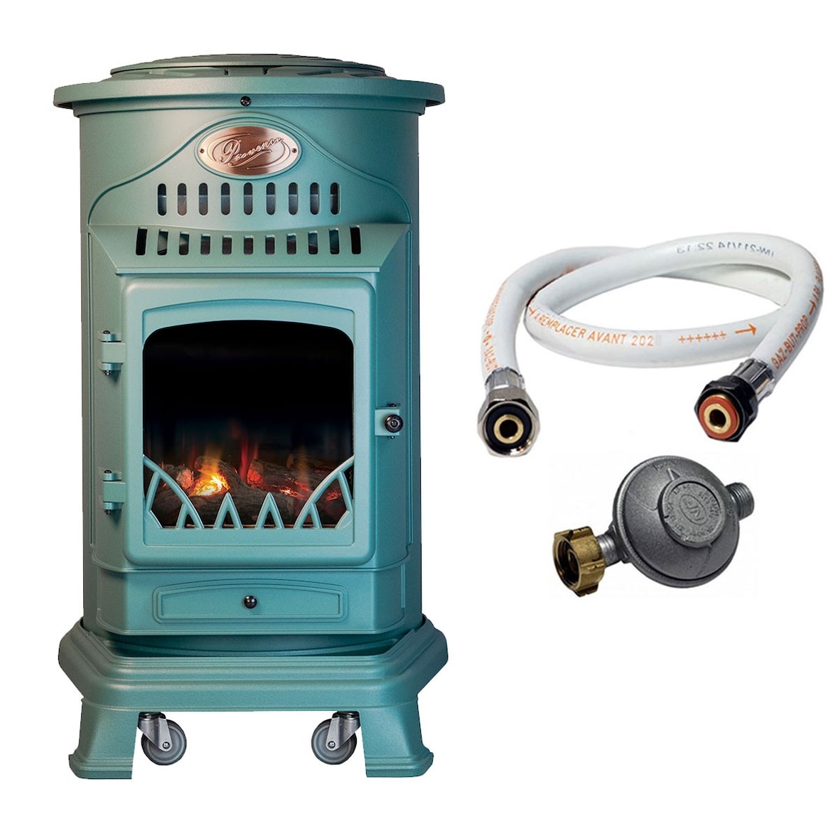 Stufa a gas in ghisa originale 3400W VERDE opaco effetto fuoco Provenza + connessioni