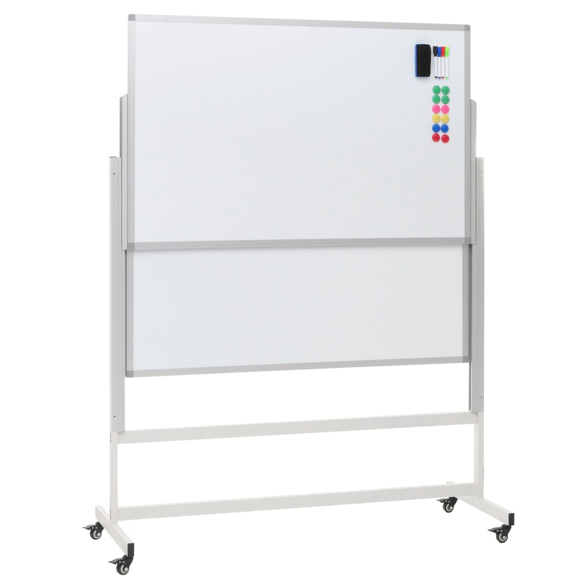Whiteboard HWC-L87, Magnettafel, zwei Tafeln beidseitig beschreibbar höhenverstellbar rollbar inkl. Zubehör 101x69cm