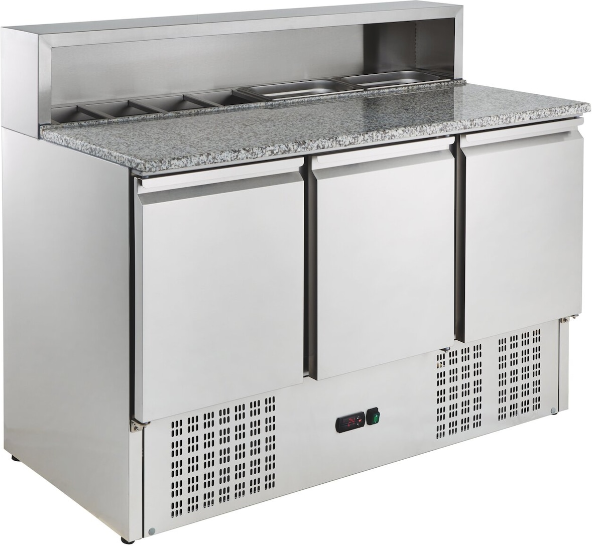 GastroHero Pizzatisch ECO 1365 mit Granit-Arbeitsplatte Kühltisch 3 Türen Pizza Vorbereitungstisch für 8x GN 1/6 Behälter 402L Edelstahl +2 bis +8 °C