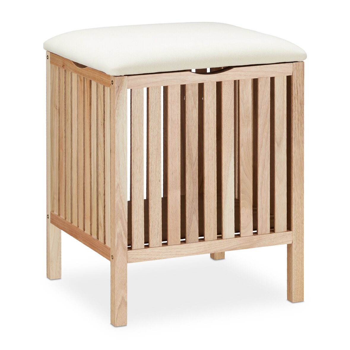 Relaxdays Wäschekorb mit Sitz, Badhocker mit Stauraum, 40 l Wäschesammler, Holz/Stoff, HBT: 51 x 41 x 41 cm, natur/weiß