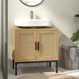 thumbnail of Waschtischunterschrank 60x39x60 Eiche mit Rattanoptik, 2 Regalböden, Kippschutz, melaminbeschichtet, Boho-Stil, Badezimmermöbel