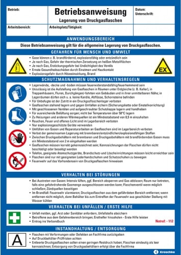 Sicherheitsanweisungen zur Lagerung von Gasflaschen.