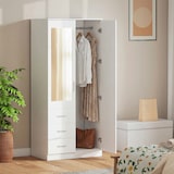 thumbnail of Armario Ropero de 2 Puertas con Espejo 3 Cajones Estantes Ajustables y Barra para Colgar Mueble Auxiliar para Dormitorio Habitación 80x50x180 cm