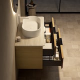 thumbnail of Schwebender Badezimmer-Waschtisch 62×90×46 cm mit ovalem Waschbecken aus Keramik und Travertin-Sintersteinplatte in Beige+Eiche+Weiß