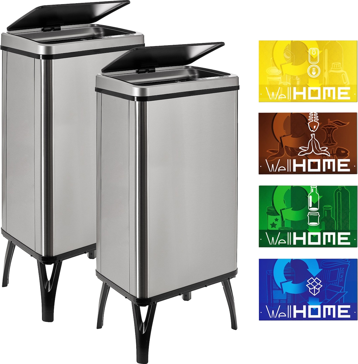 WellHome - 2er-Set Intelligenter Mülleimer 50L in Grau mit Magnetetiketten 35,5x26x83,5 cm