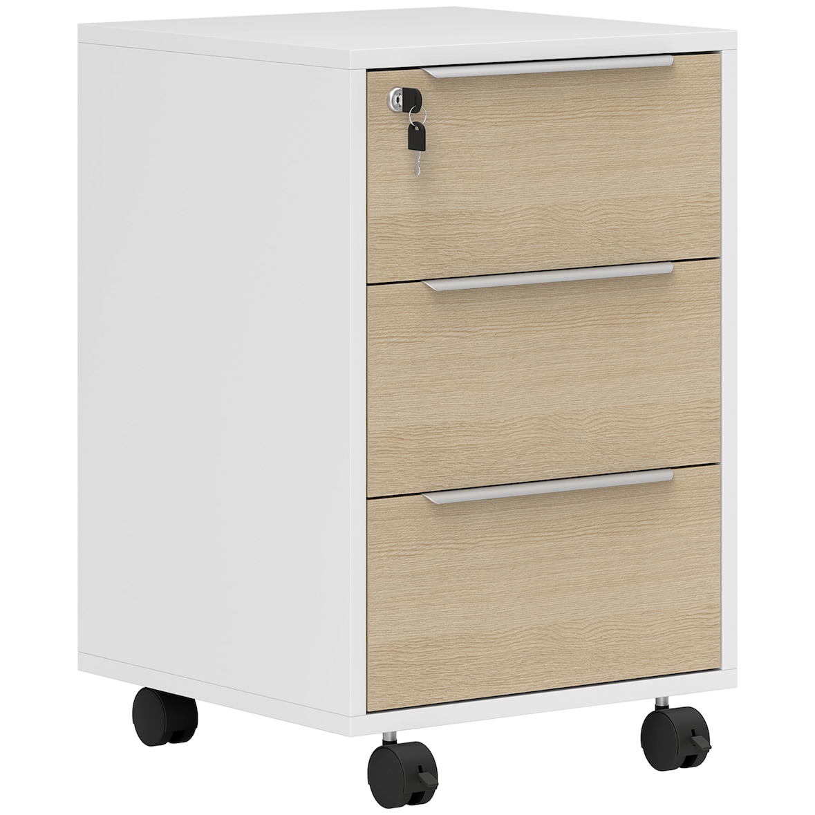 Cajonera de oficina mueble archivador con ruedas 3 cajones cerradura y 2 llaves para estudio salón 40x40x63,5 cm blanco y roble