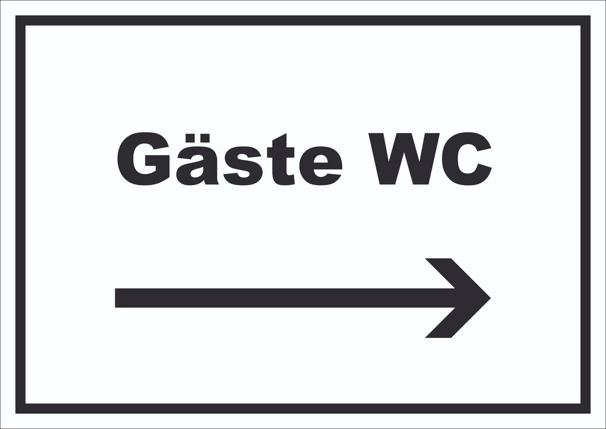 Gäste WC Schild mit Text und Richtungspfeil rechts Toilette waagerecht A4 (210x297mm)