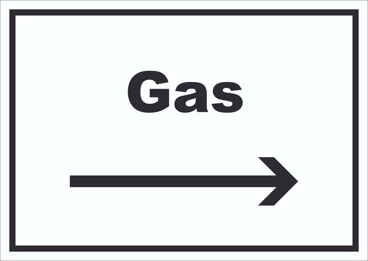 Gas Schild mit Text und Richtungspfeil rechts Anschluss waagerecht A3 (297x420mm)