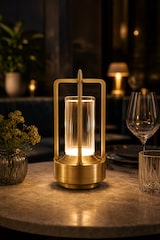 thumbnail of LED Tischlampe Laterne – Kabellos & Wiederaufladbar – Dimmbar Touch – Warmweiß & Kaltweiß – Industrial Design – Gold Aluminium – 18x9 cm