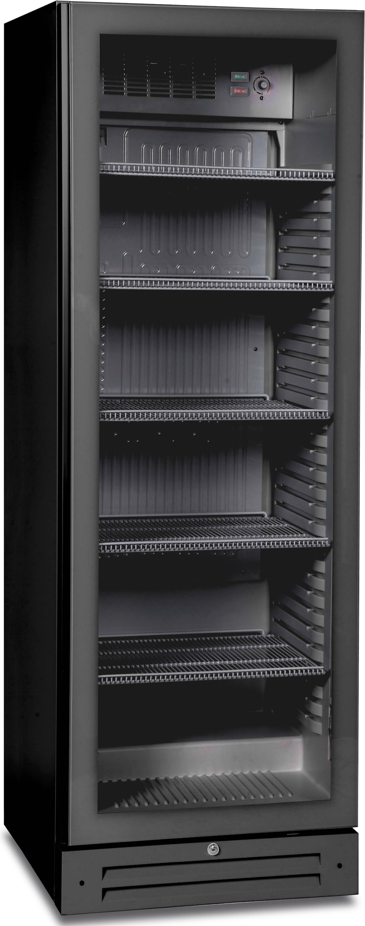 KLIMAITALIA Kühler, Getränkeauslage. Infinity-Glastür. LED. 210 Flaschen à 50 cl. 560 Dosen à 33 cl. T° 0°C/+10°C. Mod. ICOOL 401 BLK