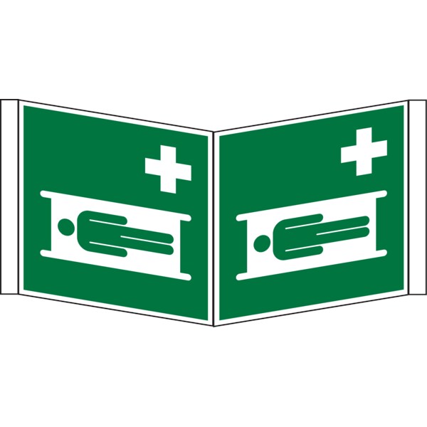 Rettungszeichen, Winkelschild Krankentrage E013 - ASR A1.3 (DIN EN ISO 7010) - 150x150x1 mm Kunststoff nachleuchtend
