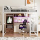 thumbnail of Hochbett 140x200 Metallrahmen mit LED-Beleuchtung, Schreibtisch, 1 Schublade, Regale, Geländer, Stauraum, Multifunktional, Weiß