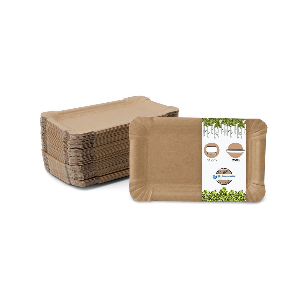 BIOZOYG 250 Stück Einwegteller 16 x 23 cm Pappteller, biologisch abbaubar, braun, rechteckig, recyclingfähig, robust Bioteller, Einweggeschirr
