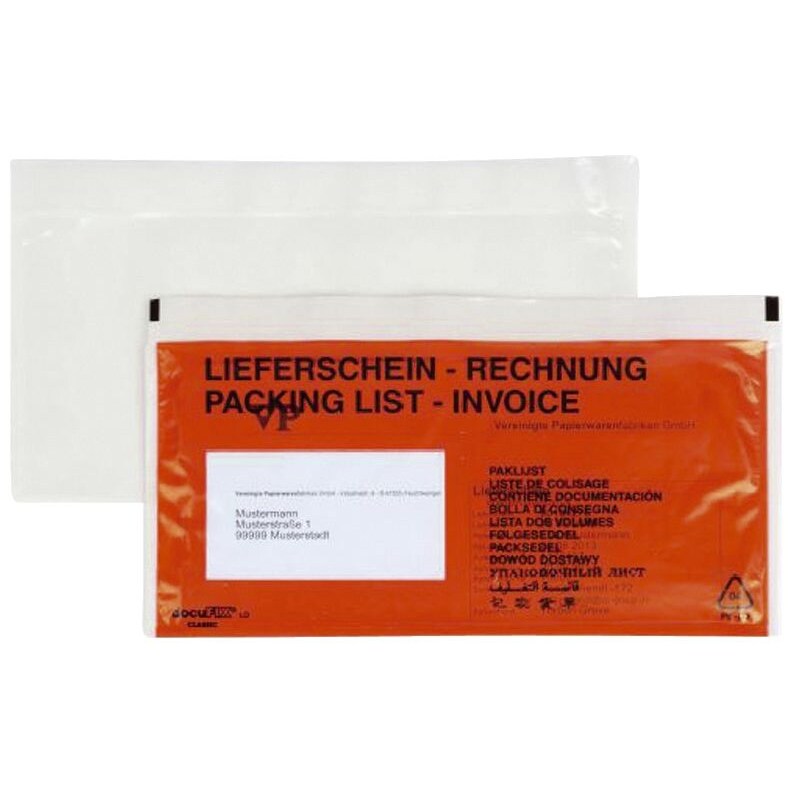 docuFIX® 2FVDO402023 Begleitpapiertaschen mit Aufdruck Lieferschein-Rechnung - DL, 250 Stück