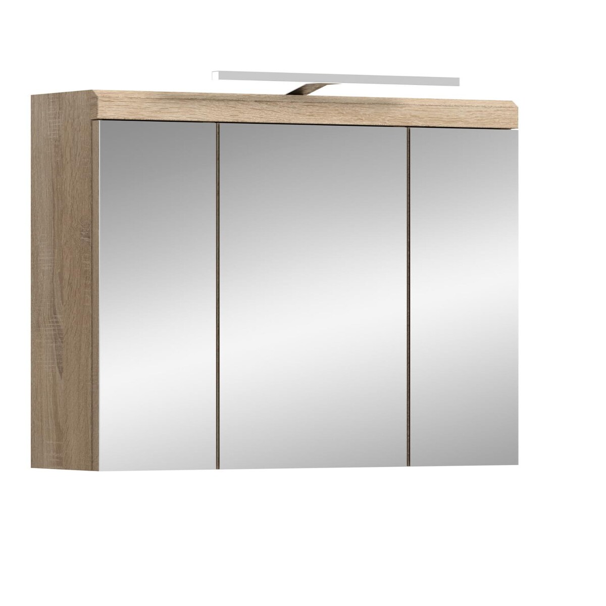 Ebuy24 Lambada Spiegelschrank Bad Inkl. Beleuchtung 2 Türen, 3 Spiegeltüren, 3 Regale Weiß hochglanz, Eiche Dekor.