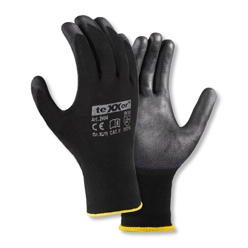 12 Paar teXXor® Polyester-Strickhandschuhe POLYURETHAN BESCHICHTET, Arbeitshandschuhe, schwarz, 2404 - Größe 7 (S)