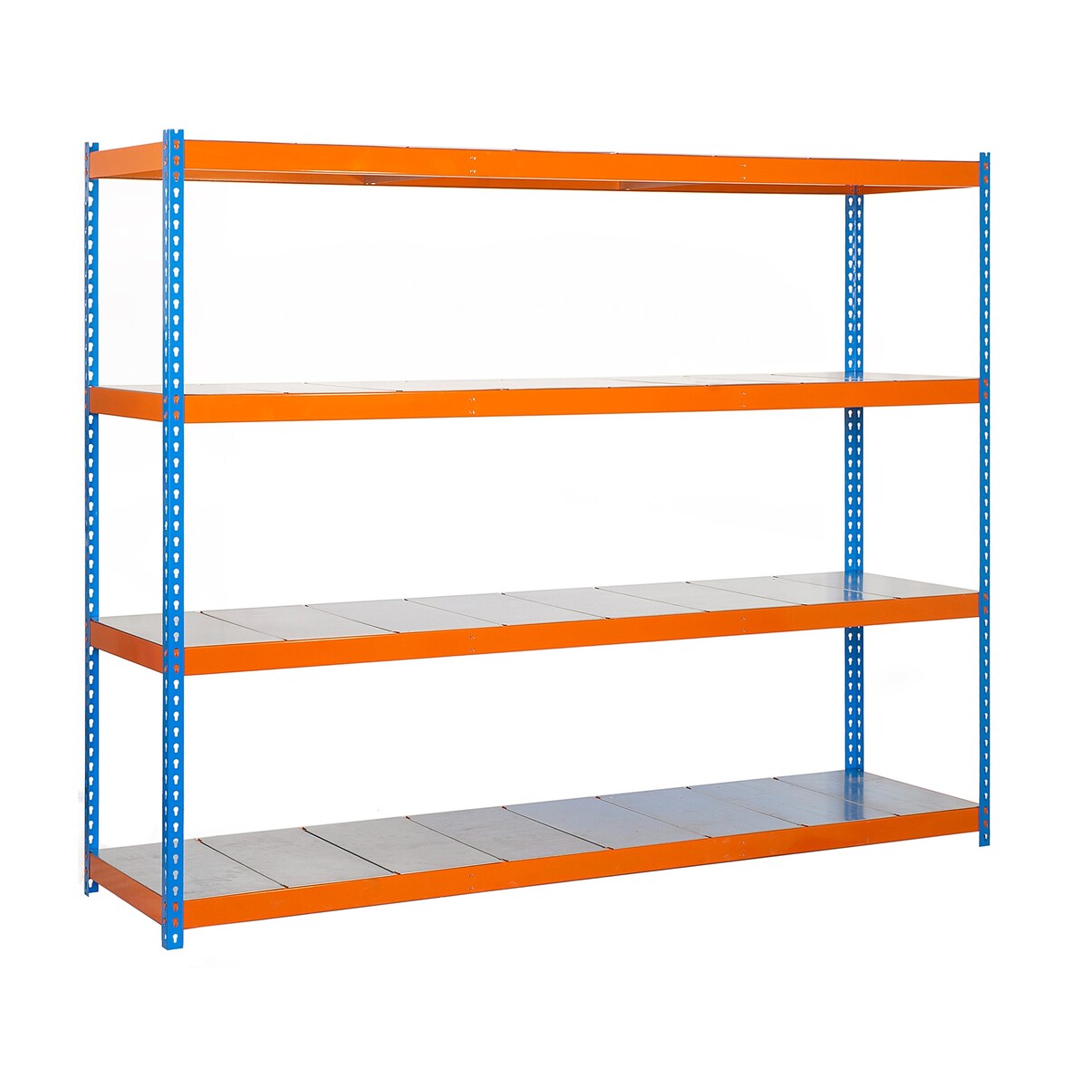SimonRack Estante industrial, 2000x1800x600 mm, 400 kg no ponto de flexão, 4 prateleiras metálicas, Azul/Laranja/Galvanizado- Ecoforte