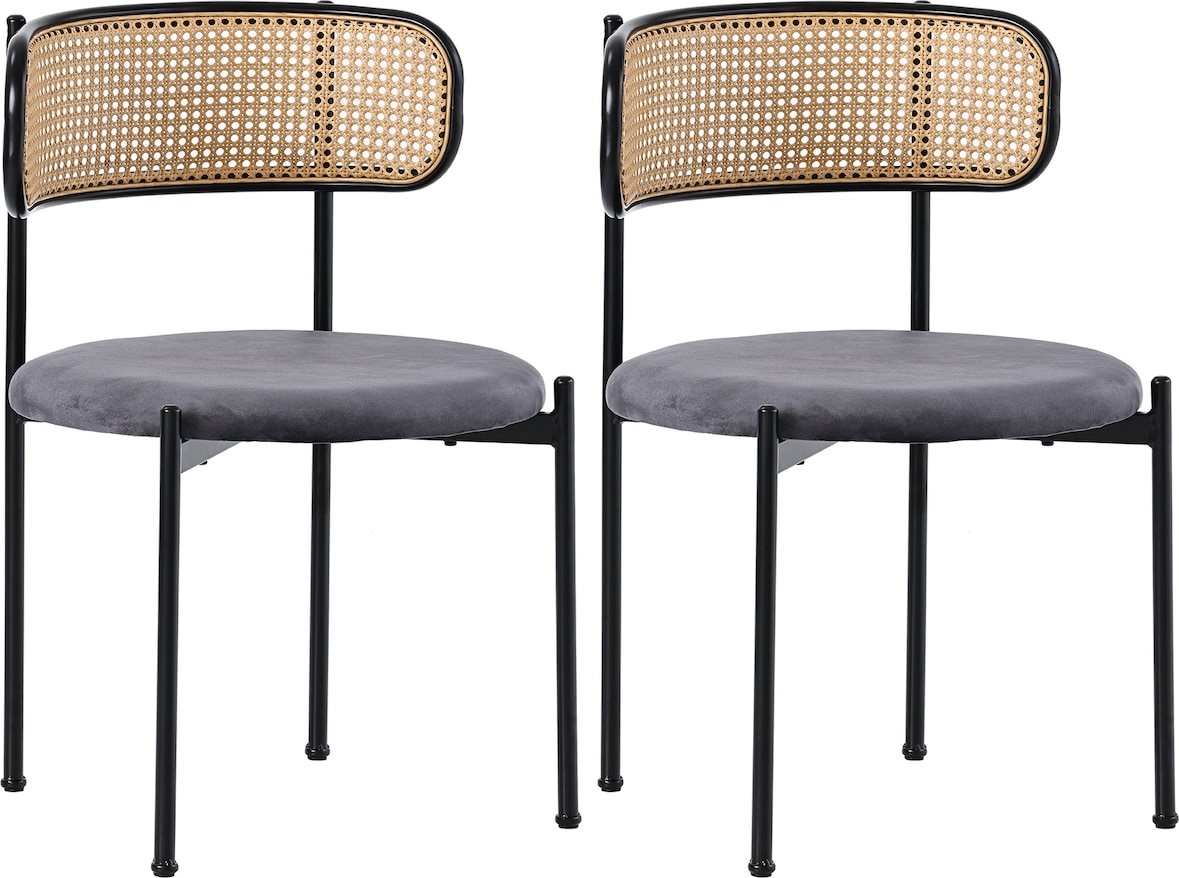 Esszimmerstuhl 2er Set 75x40x45 cm mit Rattan Rückenlehne Samtbezug Metallbeine ergonomisch gepolstert Grau
