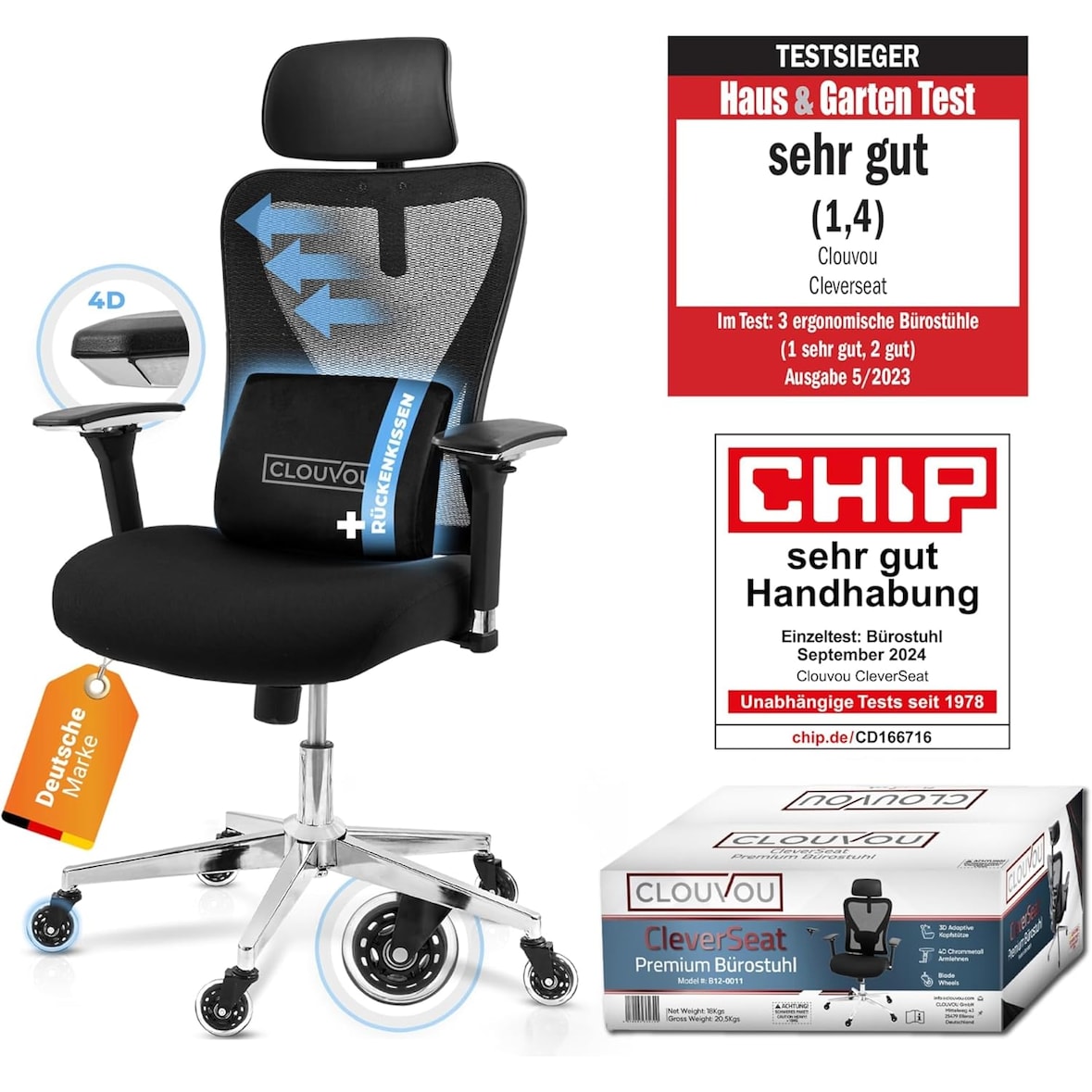 CLOUVOU CleverSeat, ergonomischer Bürostuhl, Rückenlehne mit Mesh Bezug, 4D-Armlehnen, 3D-Kopfstütze, BladeWheels, Schwarz