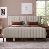 thumbnail of Polsterbett 140×200 mit verstellbarem Kopfteil, Lattenrost, gepolstert, Leinenbezug, Massivholz- und Metallrahmen, Grau-Beige