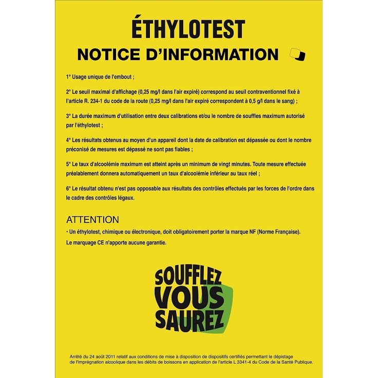 BEQUET Pancarte adhésif 'AFFICHAGE OBLIGATOIRE' Ethylotest, notice d'informations jaune 21x29,7cm x1