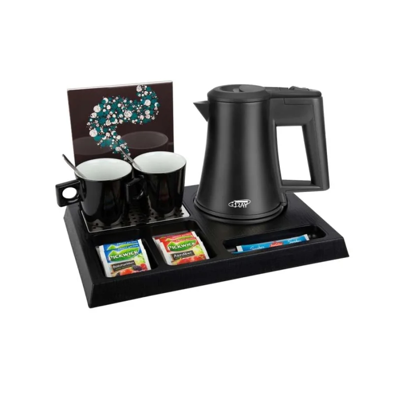 Willkommenstablett STAY Schwarz mit Wasserkocher STAR 0,5 L Schwarz und 2 schwarze Porzellantassen mit A5 Prospekthalter