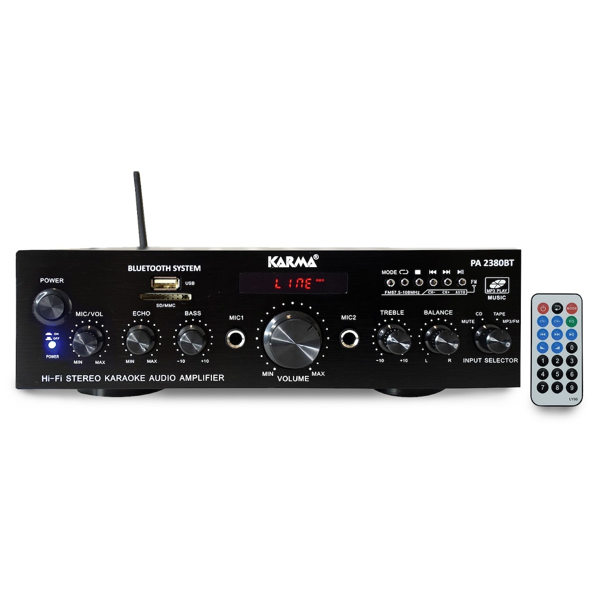 Amplificateur HIFI stéréo 2x 50W avec écran LCD - USB MP3 SD Bluetooth RADIO FM - 2 entrées MICROS - KARMA PA 2380BT