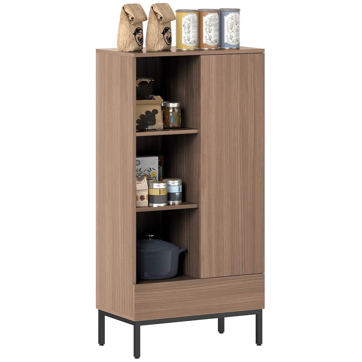 HOMCOM aparador 1 puerta aparador para salón moderno con cajón estante ajustable y 3 compartimentos abiertos para comedor entrada 60x34x121 cm natural