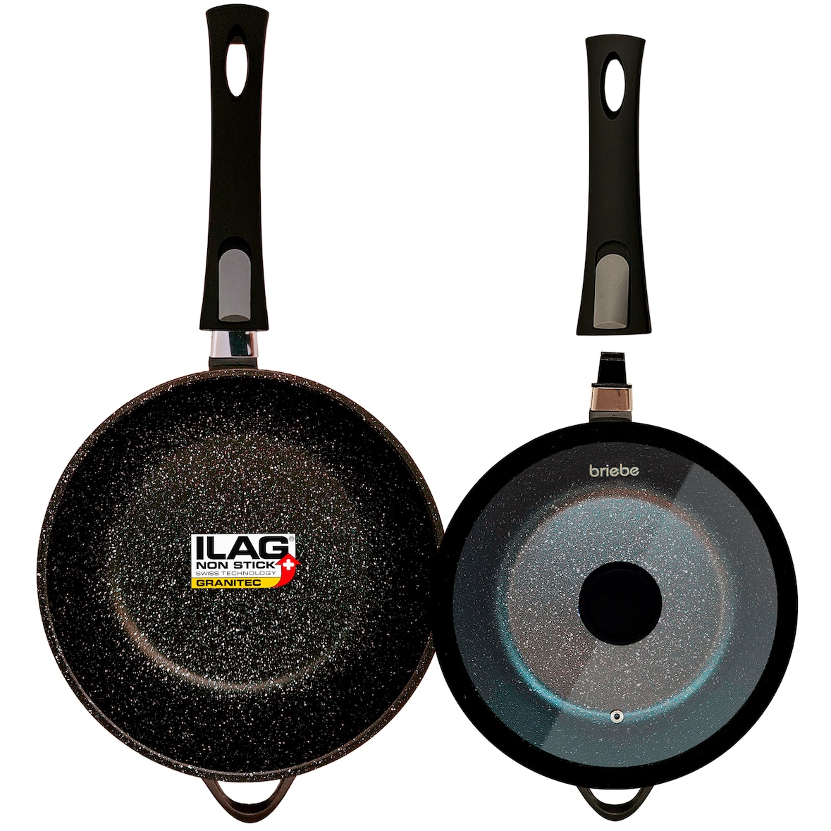 Briebe MGK19S Pfannenset Induktion Abnehmbarer Griff 2-Teilig Pfannen Tiefe 24cm, 28cm Deckel, Schwarz