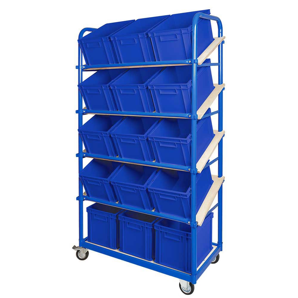 Schrägboden-Regalwagen mit 5 Ebenen, BxTxH 1050x500x1880 mm, 2 Lenk- (mit Feststellbremse) u. 2 Bockrollen mit 15 Euroboxen BxTxH 400x300x235 mm