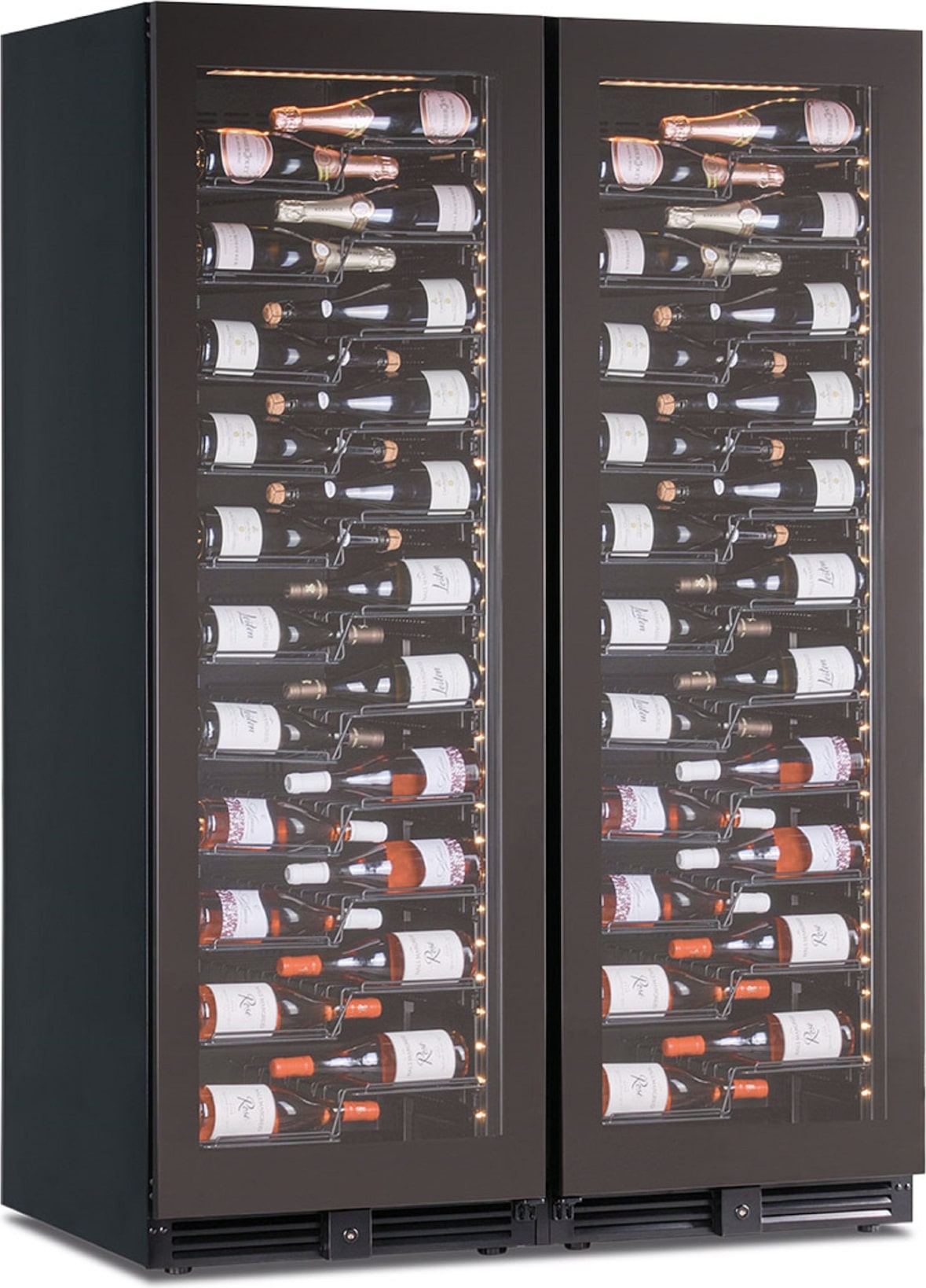 KLIMAITALIA Belüfteter Weinkühlschrank bei 2 T°en. 256 Flaschen. Rauchglastüren. LED. Metall-Schubladenregale. Thermo digital. CW355G2TB