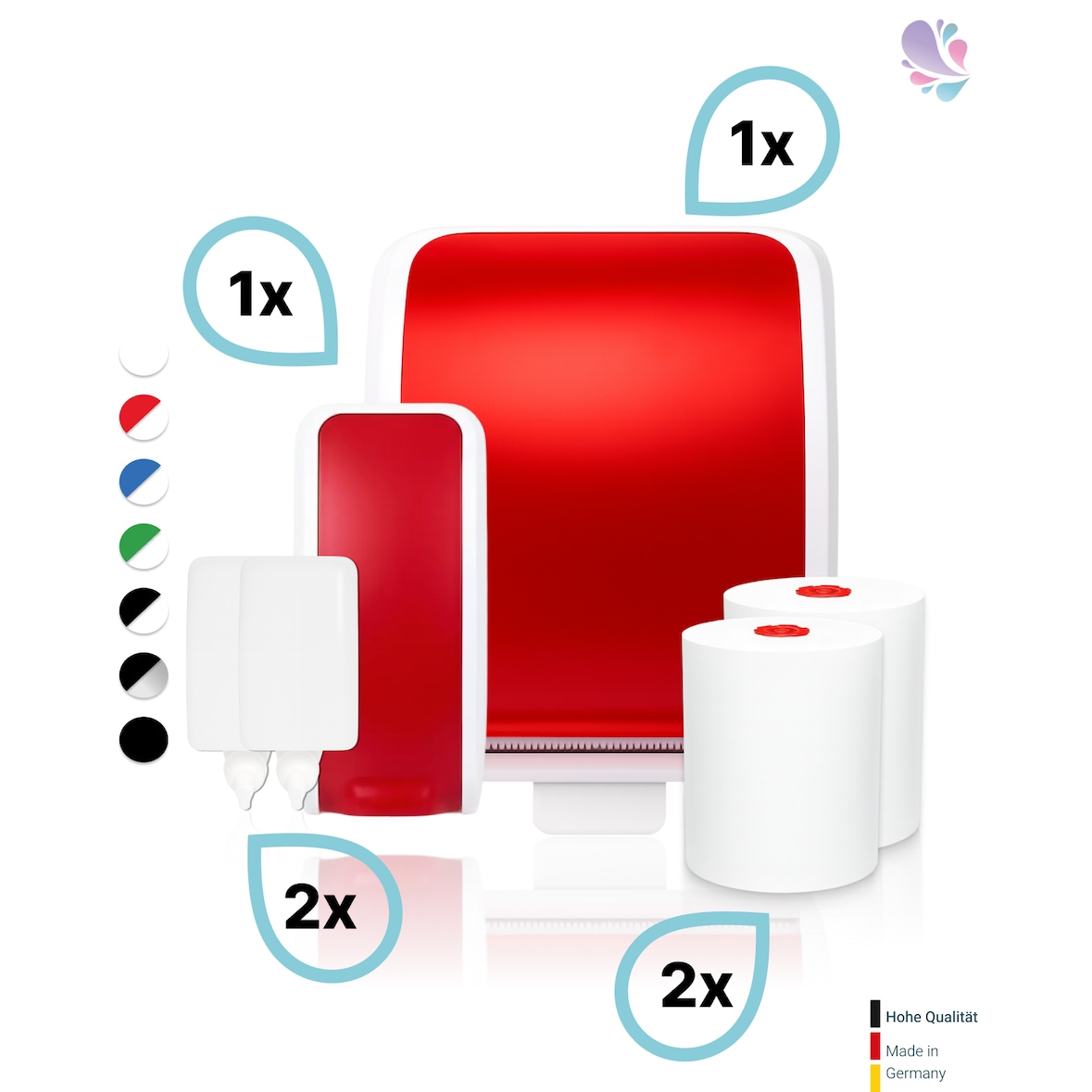 KOMPLETT-SET Waschraum MANUELL: Handtuchrollenspender AUTOCUT + 2 TAD Handtuchrollen + Schaumseifenspender MANUELL+ 2 Kartuschen