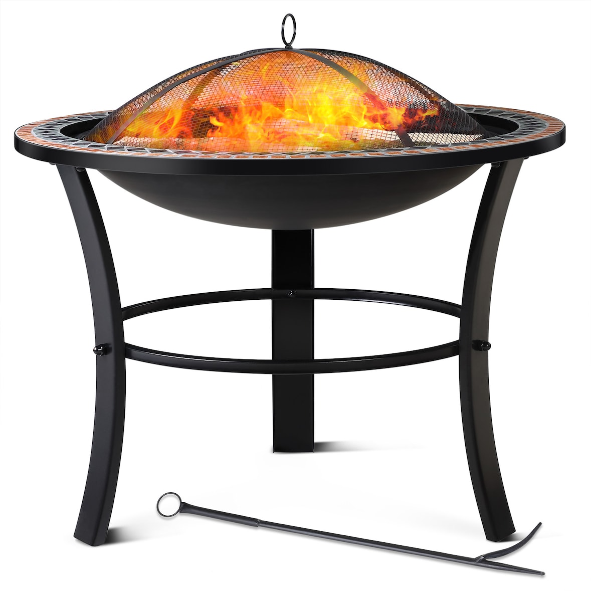 GARDEBRUK® Feuerschale mit Funkenschutz Schürhaken Abdeckung Rost Mosaik Rund 76cm Stahl Feuerstelle Feuerkorb Grill