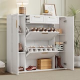 thumbnail of Schuhschrank Weiß 24x120x107 mit verstellbaren Regalen & 2 Schubladen für 10-15 Paar Schuhe, MDF & Spanplatte