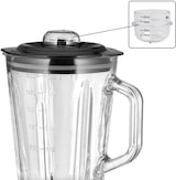 Um recipiente de vidro com marcações de medição e uma tampa.