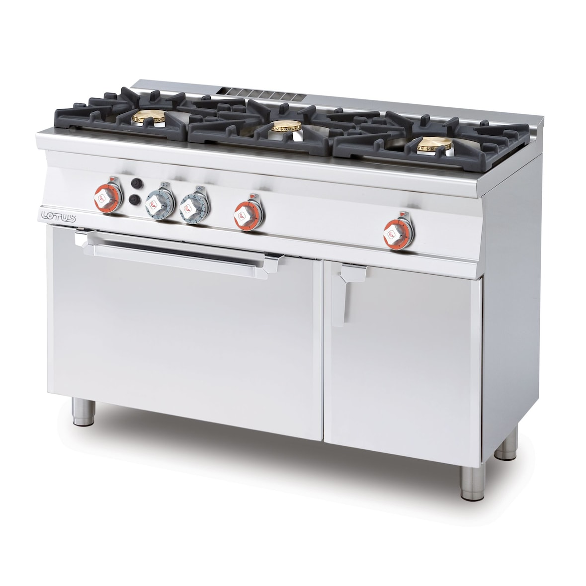 Cucina gas 3 fuochi con forno gas statico e grill. Misure cm 120x55 h90. Vano neutro con porta. Modello CF3-512GV