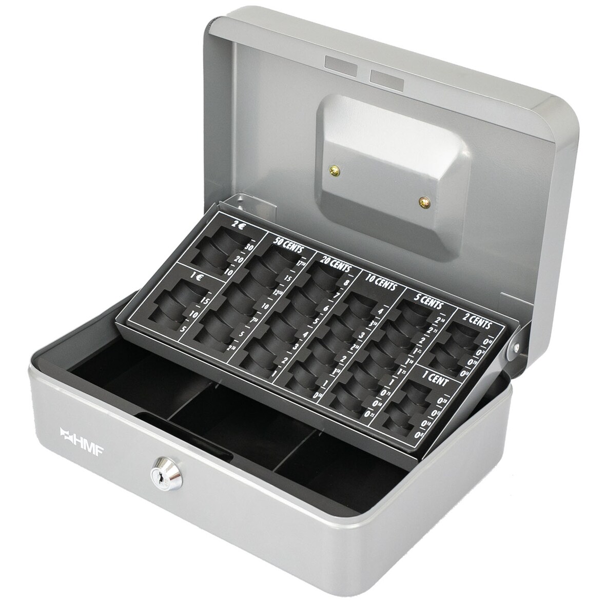 HMF Geldkassette abschließbar, Kasse mit Euro Münzzählbrett, 3 Banknotenfächer, 25 x 18 x 9 cm, Silber